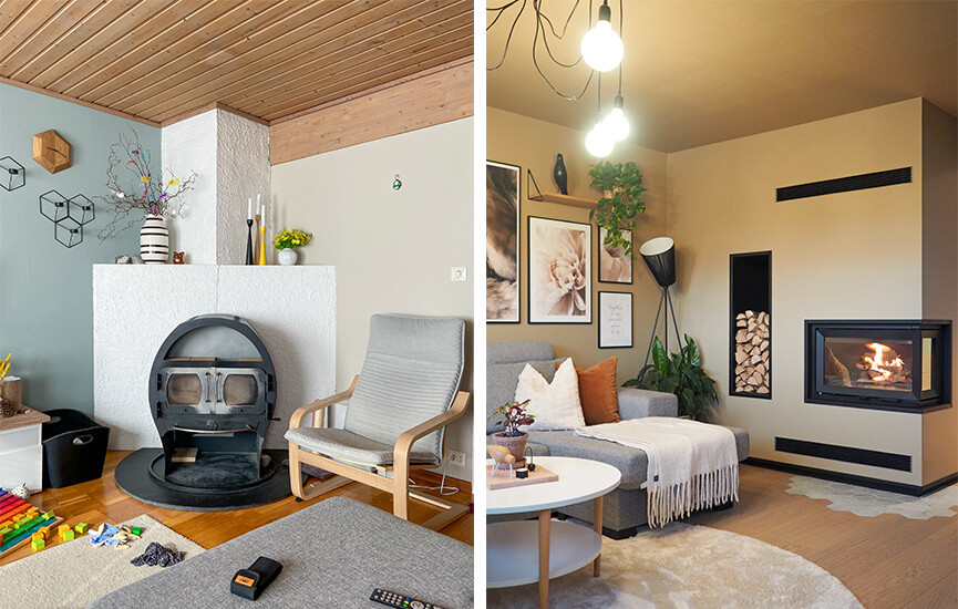Before and after photos of the living room, with the new Jøtul I 620 FR fireplace insert