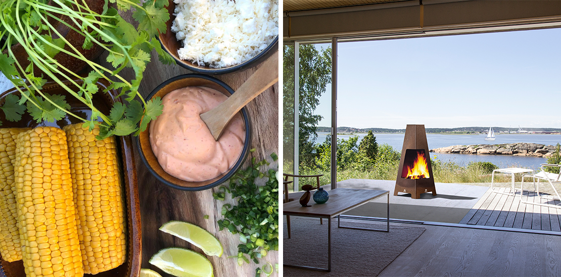 Jøtul Terrazza outdoor fireplace in brown corten steel on a terrace with barbecue