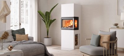 Jøtul FS 520 FRL white fireplace in a bright modern Scandinavian living room 