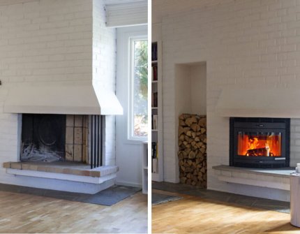 Jøtul C 400 Panorama fireplace cassette installed in open pit 