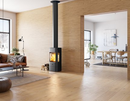 Jøtul F 232 black wood stove in Scandinavian living room