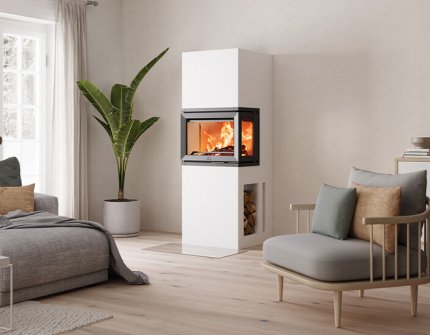Jøtul FS 520 FRL white fireplace in a bright Scandinavian living room