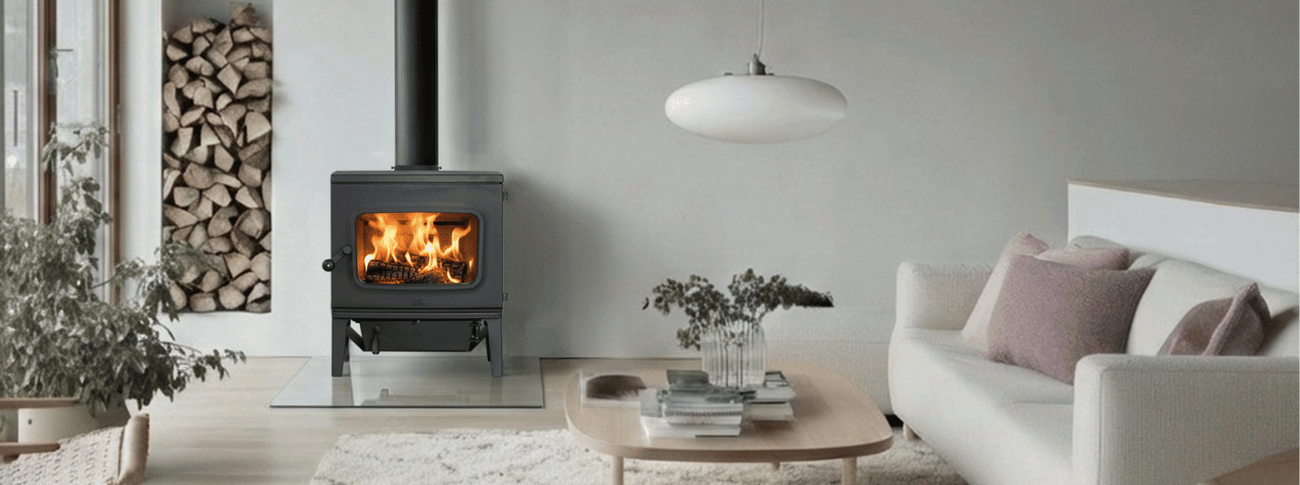 Black wood-burning stove Jøtul F 405 in classic style with glass door in a bright interior